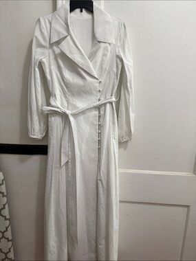 White Button-Front Long Shirt Dress with Tie Waist
